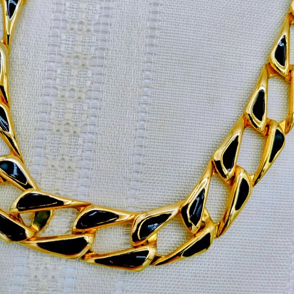 Chunky 1980s block black & gold tone necklace with matching bracelet - Picture 4 of 12